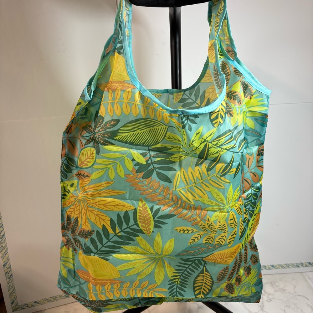 Reusable, Foldable Tropical Leaf Print Tote Bag - Aqua & Yellow, NWOT
